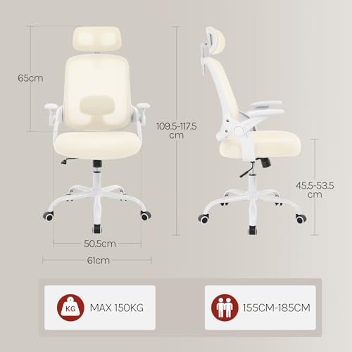 Sedia Ufficio Ergonomica con Poggiatesta e Braccioli Regolabili, Supporto Lombare, Poltrona Scrivania Girevole in Rete Traspirante Funzione Dondolo, Beige - Sedia gaming - Immagine 2