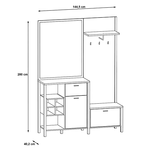 Mueble de entrada con revestimiento de roble y negro con múltiples almacenamiento y espejo - Moda