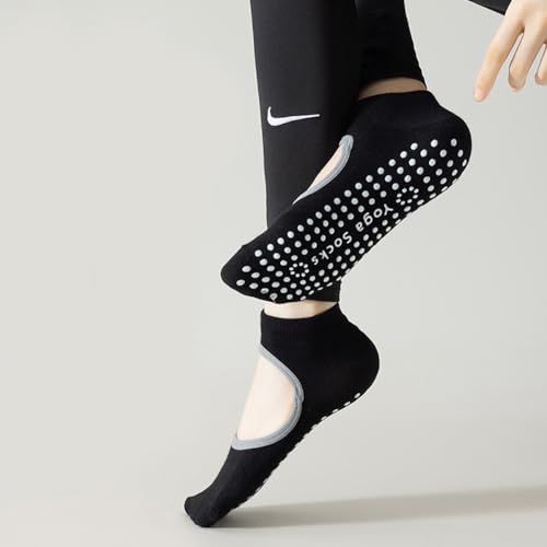 Image of Grip Socks for Women Pilates Socks with Grips Open Top Non Slip Grippy Socks for Yoga, Barre, Lagree, Zumba (Black+Purple)