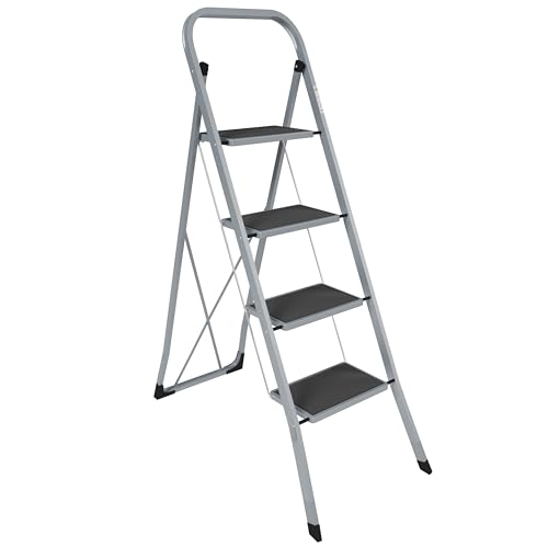 Home Vida 4 Step Ladder - Heavy Duty Steel Folding Ladder with Slip-Resistant and Wide Steps, Folding Mechanism, 150kg Max Load, Home/Kitchen/DIY/Garden Use, Grey