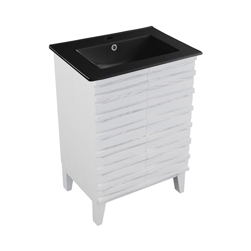 Image of Swiss Madison Cascade 24 in. White Oak Bathroom Vanity with Black Ceramic Sink Top