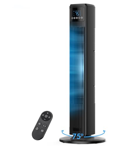 PNTCK Turmventilator, Ventilator leise mit Fernbedienung, 90° oszillierender Standventilator mit 4 Geschwindigkeiten & 4 Modi, 12H Timer, 8 m/s Luftstrom, Ventilator für Zuhause, Büro & Innenräume