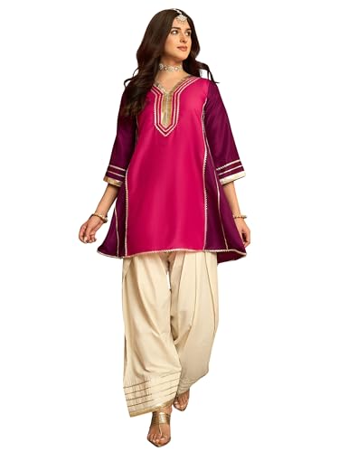 Image of EthnicJunction Women's Cotton Silk gota Patti Work High-Low Kurti with farshi Salwar | Co Ord Set for Women Stylish | Festival wear | Kareena Kappor Kurta Set | Wedding | Ethnic Kurta Set