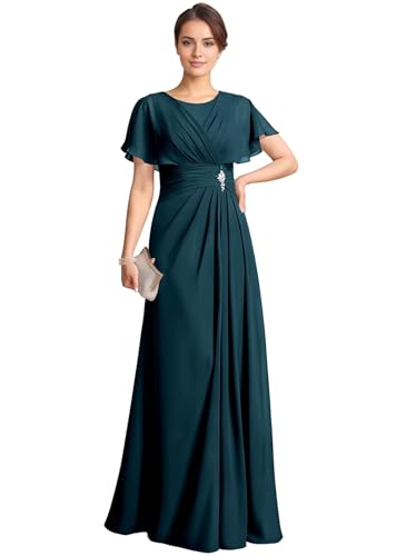 Image of TIRAS Mother of The Bride Dresses Scoop Neck Ruffles Sleeves Chiffon Long Formal Wedding Dresses 2025 CMN007