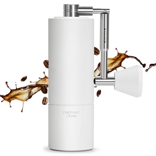 Manual Coffee Grinder Chestnut C3s PRO, All-Metal Coffee Grinder, Folding Handle, Stainless Steel S2C Conical Burr, Adjustable Grind Setting -White