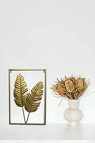Hkaikzo Gold Metal Wall Decor Set Of 2, Leaf Wall Hanging Home Decor With Frame, Modern Wall Art Decor Wall Sculptures For Living Room, Bedroom, Office, Hotel, Large 24" X 16" #TOP5