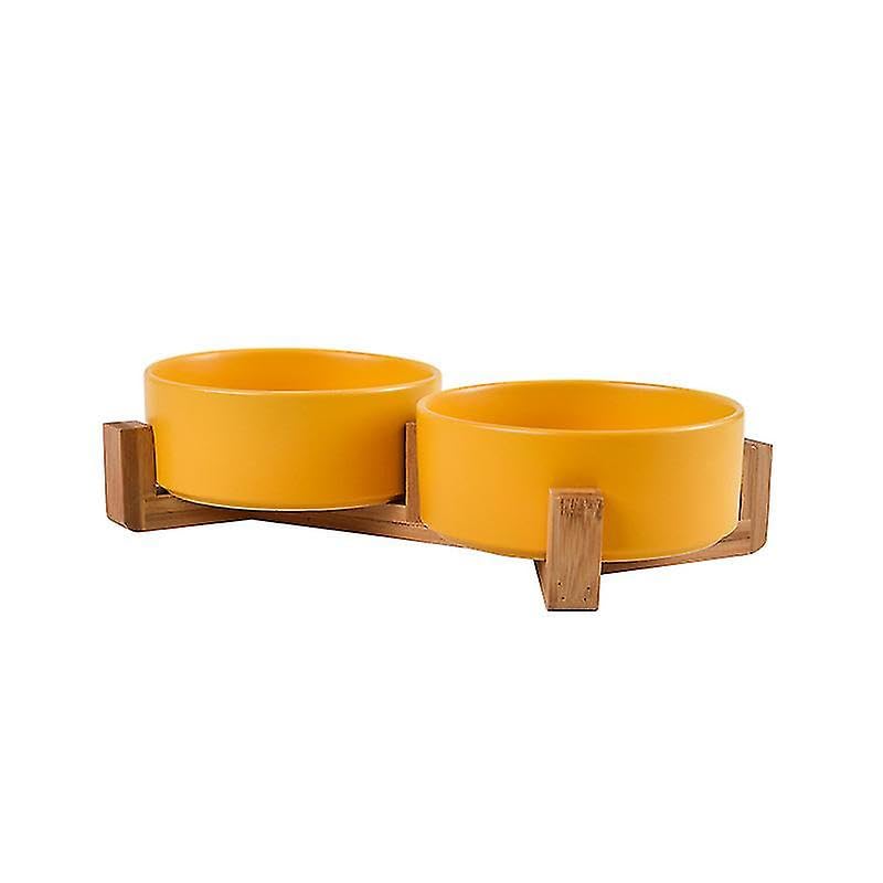 doppie ciotole in ceramica per gatti e cani di piccola taglia da 12.8cm l'una in bambù, 2x400ml rialzate e sollevate da terra con base antiscivolo (DOPPIE 12.8 CM, GIALLO)