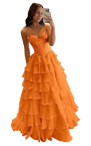 WENKAFO Orange Tiered Chiffon Prom Dresses Long for Women Formal 2026 Satin Cowl Neck Strapless...