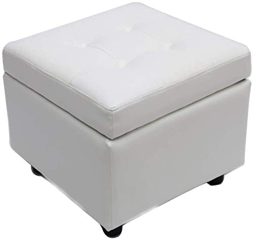 Pouf de rangement blanc capitonné et son li articulé pour optimiser l'espace