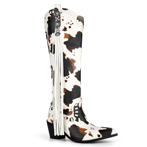 MissHeel Knee High Fringe Cowboy Boots with Turquoise Stones Side Zipper