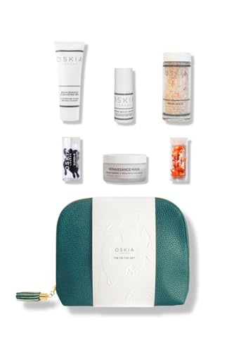 OSKIA Me Time Edit – Luxurious Skincare Collection for Radiant, Healthy Skin – Includes Renaissance Cleansing Gel, Liquid Mask Lactic Acid Micro-Peel, Super C Capsules, and Vegan Leather Teal Wash Bag