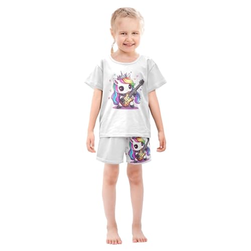 Unicorns Guitar White Pajama Set Short Sleeve PJ Set Cotton Summer Pajamas Sleepwear Soft 5Y3