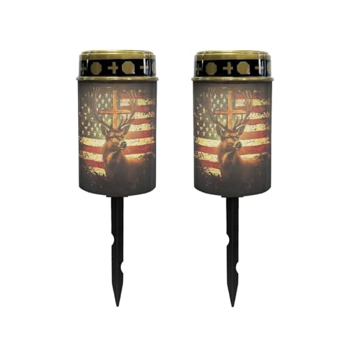 Image of Poceacles Deer American Flag Vintage Pattern Solar Lights Outdoor Solar Powered Outdoor Cemetery Stake Candle Grave Lamp Landscape Lighting Waterproof Grave Flameless Candle, Pack of 2