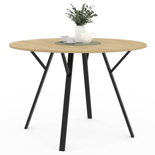 IDMarket - Table à Manger Ronde YSEULT 4-6 Personnes Bois et Noir Design Industriel 110 cm