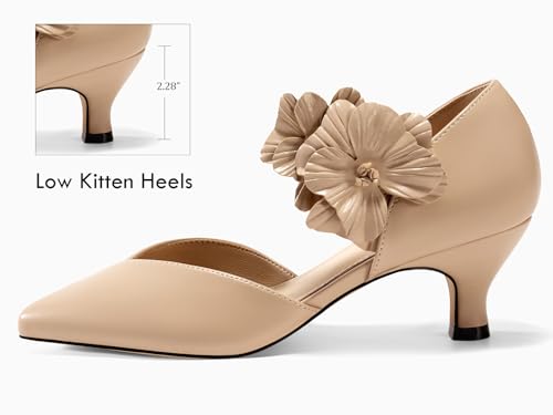 Image of Coutgo Womens Low Kitten Heels Dressy Shoes Comfortable Closed Toe Flower Slip on Formal Party Dance Heeled Pumps