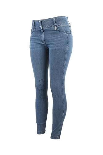 HORZE Carolyn - Pantalones vaqueros de equitación para mujer, elásticos en 4 direcciones, bolsillo para teléfono móvil, agarre híbrido y trabillas para cinturón, Denim Claro, 40