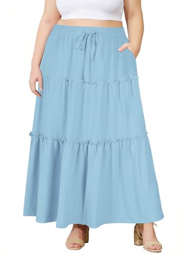 Image of Moon Wood Plus Size Maxi Skirts for Women Trendy Long Flowy Boho Tiered Skirt Renaissance Summer Beach Skirt with Pockets