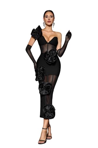 Women Luxury Party Dress with Gloves Black One Shoulder V Neck Appliques Tulle Inset Long Bandage Dress Celebrity Evening