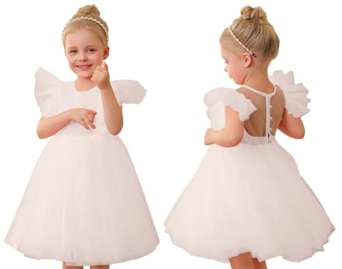 AGQT Flower Girl Dress V-Back Ruffle Sleeve Dresses Girls Tulle Dress for Wedding First Communion with Bow-Knot 3T-9T