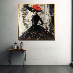 Tableau sur toile moderne femme robe noire fleurs rouges décoration murale maison 70x70