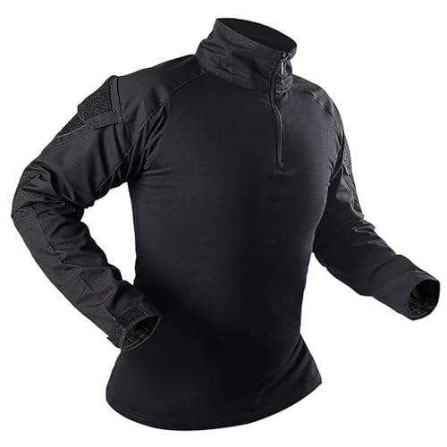 KINROCO Men's Tactical Military Combat Long Sleeve Shirt with 1/4 Front Zip Camouflage Airsoft T Shirts for Hiking Camping(Size:3XL,Color:Black)