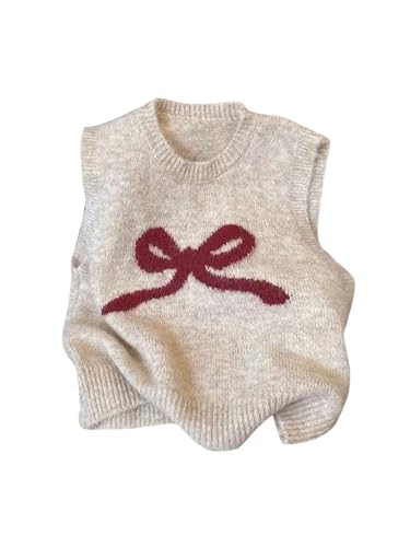OYOANGLE Women's Bow Sweater Vest Crew Neck Sleeveless Preppy Knitted Tops Graphic Knitwear