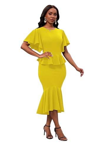 Image of Womens Summer Ruffle Short Sleeve Fishtail Dress Evening Cocktail Formal Peplum Midi Mermaid Dresses Elegant