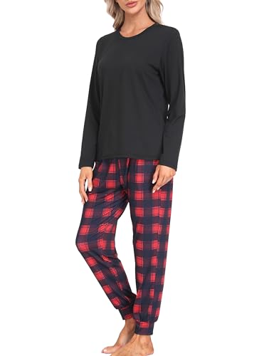 MoFiz Women's Long Sleeve Pajamas Sets with Plaid Pants Comfy Sleepwear Nightwear 2 Piece Pjs with Pockets2