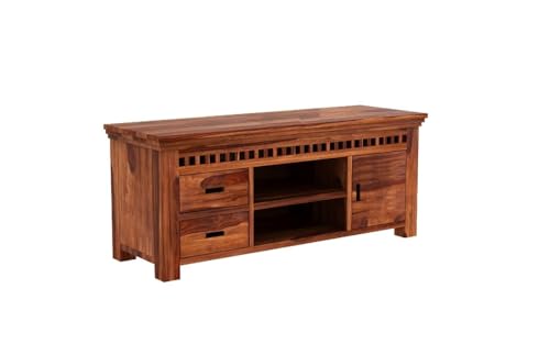 Image of Solid Wood TV Unit for Living Room 43 Inch Furniture - Wooden TV Unit with Storage Cabinet with 2 Drawr, 3 Shelves Wooden TV Cabinet for Living Room - Fits up to 43-Inch TV (Waylon)