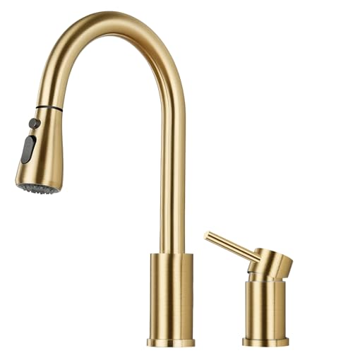 Image of Pull Down Kitchen Faucet 2 Hole - Brushed Gold Single Handle Kitchen Faucets, High Arc Stainless Steel Pull Out Kitchen Sink Faucet for RV Laundry Farmhouse Bar
