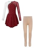 Linjinx Vestido de patinaje artístico para niña, manga larga, vestido de ballet, vestido de patinaje con lentejuelas brillantes, vestido de baile con medias, traje de gimnasia, granate, 134-140