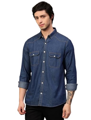 Image of Men's Denim Shirt with Regular Fit Solid Pattern Long Sleeve Collared Neck and Button Down Closure|Men Denim Shirt