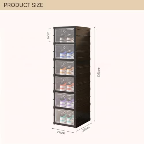 Image of House of Quirk 6-Layer Foldable & Stackable Shoe Cabinet - Transparent Plastic Shoe Boxes with Magnetic Front Door, No Installation Needed, Space-Saving Shoe Organizer (Black)