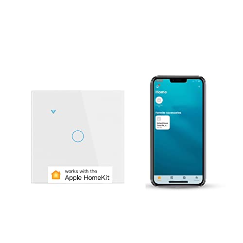 Smart Touch Light Switch 1 Gang 1 Way WiFi Wall Light Switch Works with Apple HomeKit, Alexa, Google Home and SmartThings, App/Voice Control, Glass Panel, 10A 300W Neutral Wire Required White