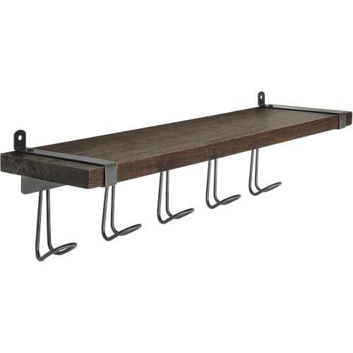 Spectrum Vintage Living Entryway Shelf with Hooks Wall Mounted Five Hook Coat Rack for Entryway Storage & Mudroom, Rustic Industrial Wood Shelf with Hooks for Coats Jackets & More, Industrial Gray