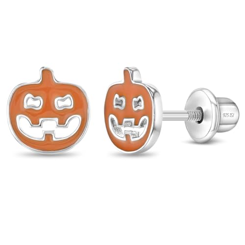 925 Sterling Silver Orange Enamel Pumpkin Jack O' Lantern Safety Screw Back Earrings For Little Girls - Children's Spooky Halloween Pumpkin Accessories - Halloween Earrings For Girls