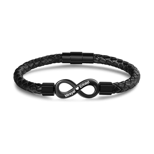 Grovjewfit Bracelet Infini Personnalisé avec 2 Noms Gravés - Cadeau Couple Saint valentin Noël - Homme Cuir Noir & Femme Rhodié Bracelets Réglable (Hommes)