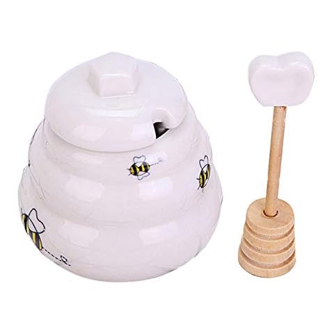 Xzbling Ceramic Honey Pot, Mini Ceramic Honey Jar With Lid And Dipper, Porcelain Honey Container, Giftable Beehive Honey Pot For Storage Cover
