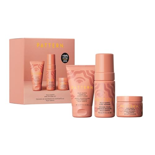 PATTERN Beauty by Tracee Ellis Ross Palo Santo Mini Kit features our Bestsellling Formulas: Palo Santo Leave-In Conditioner Palo Santo Curl Mousse Palo Santo Styling Cream in Mini Travel Sizes