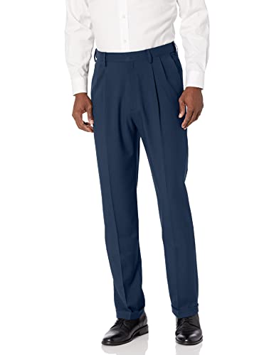 Haggar Men's Premium Comfort Classic Fit Pleat Expandable Waist Pant, Blue, 42W x 32L
