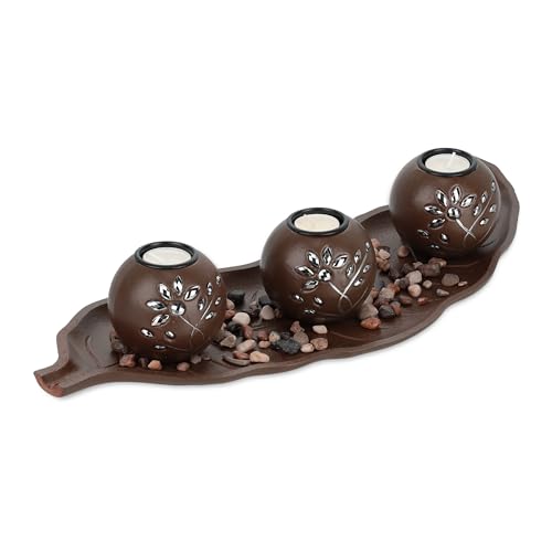 Relaxdays Set Portavelas con Bandeja y Piedras Decorativas, 50,5 cm de Largo, 3 Velitas, Decoración de Mesa, Marrón