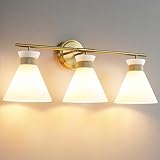 WOSHITU Bathroom Vanity Light Fixtures: 3-Lights Mid Century Modern Vanity Lights for Bathroom Over Mirror, Brushed Gold Wall Sconce Lighting with Frosted Milky Glass Shade for Bath Living Room
