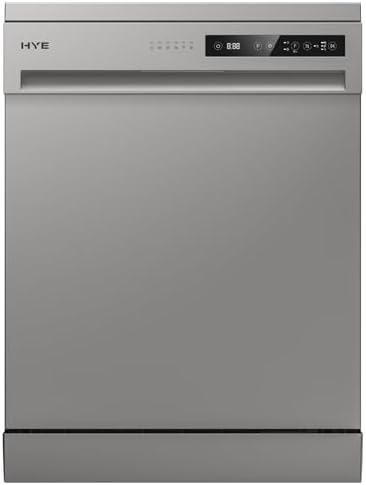 HYE Freestanding Dishwasher - 14 Place Settings, Silver | 60cm Width, Full Size Design, 6 Programs, ECO Program, Quick Wash, Half Load, Quiet Operation (49 dB)