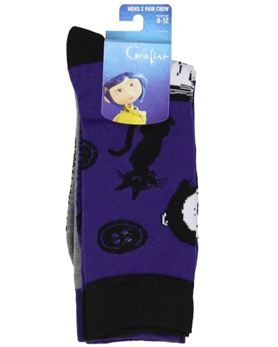 Coraline Socks 2-Pack Coraline Casual Novelty Button and Cat Character Knit Men's Knit Crew Socks Fits Shoe Size 8-124