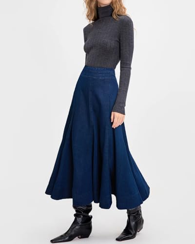 Women's Flowy Denim Skirts A Line High Waist Pleated Long Maxi Midi Flare Jean Skirts3