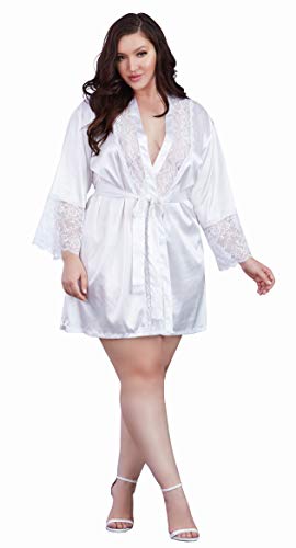 Dreamgirl Women's Plus Size Satin Charmeuse Robe with Lace Trim Details, White, 2X