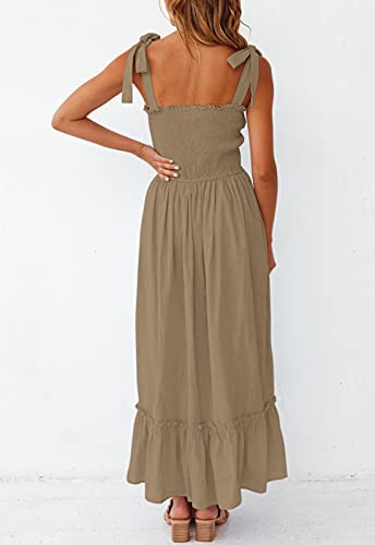 Zesica Women's 2023 Summer Boho Spaghetti Strap Square Neck Solid Color Ruffle A Line Beach Long Maxi Dress,Khaki,Small #TOP2