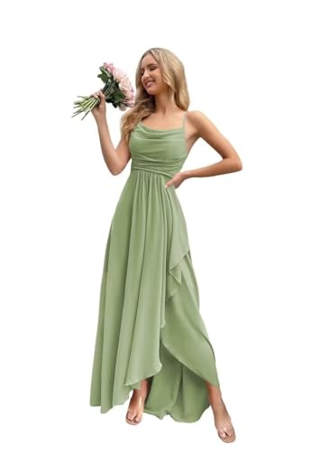 Women's Chiffon Bridesmaid Dresses with Slit Spagehetti Straps Cowl Neck A Line Formal Gowns W01