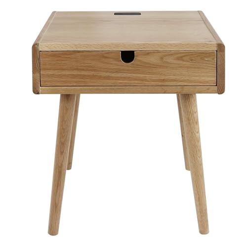 Renaissance Romance Solid Oak End Table, 4 USB Ports, Smooth Drawer, Classic & Modern Decor