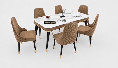 Image of WOODEN SPACE 6-Seater Wooden Dining Table Set | Nano Composite Marble Top | Solid Wood Base | Modern Dining Room Furniture with 6 Chairs (Brown Modern Vento)